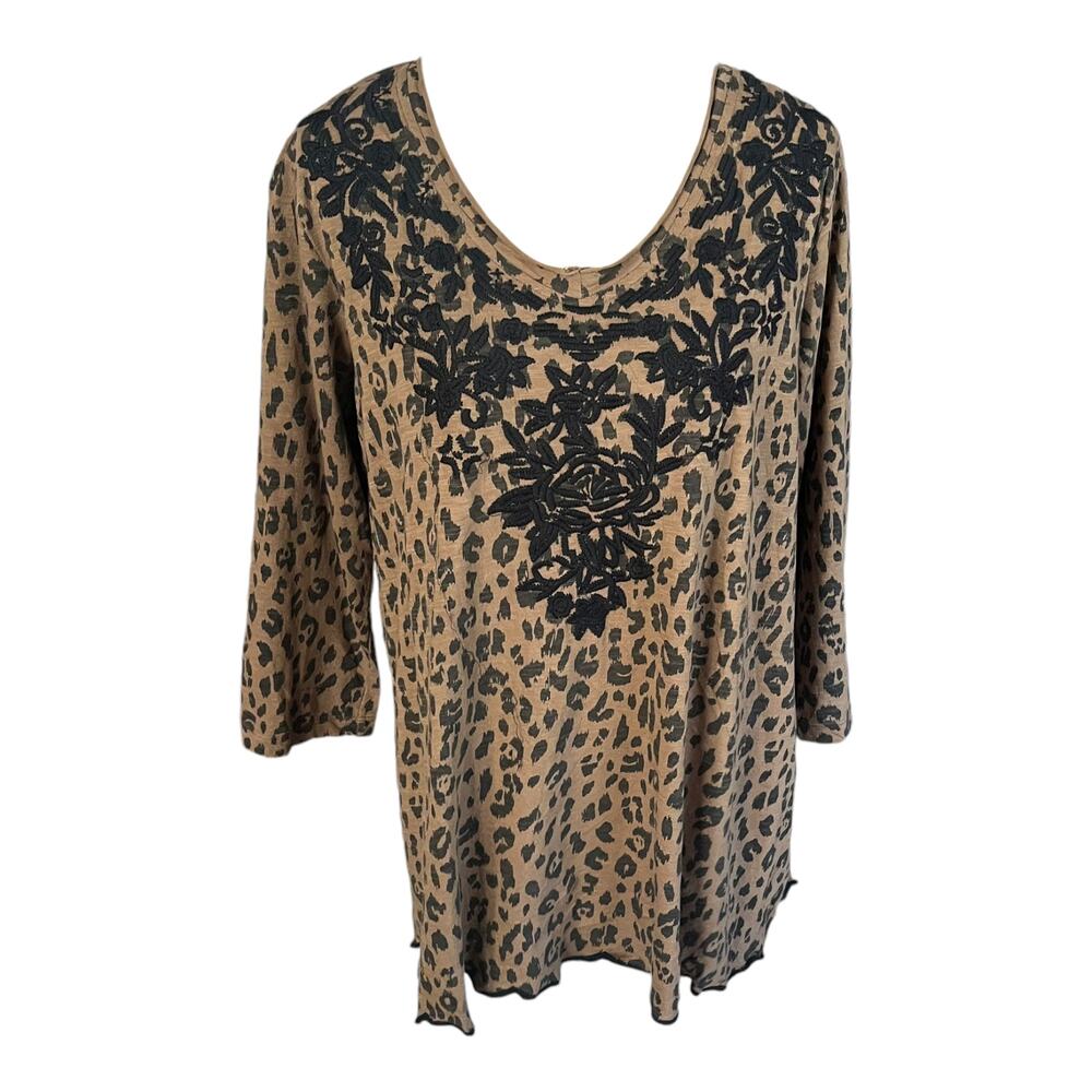 Karyn Seo Leopard Animal Print Tunic Top Size Medium Embroidery